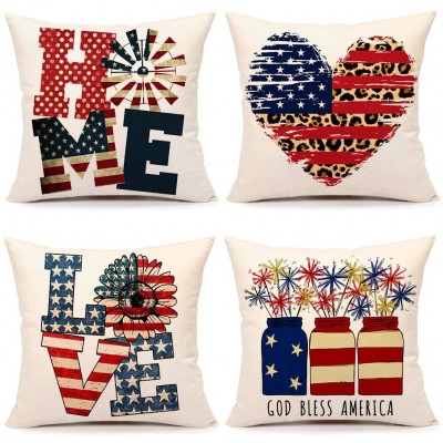 4th of July Decorations Pillow Covers 18x18 Set of 4 Independence Day Memorial Patriotic Stars and Stripes Farmhouse Decor Holiday Throw Cushion Case for Home CouchGod Bless America - BA82S3YBG