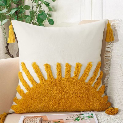 Adabana Decorative Boho Throw Pillow Covers 18x18,Colorful Throw Pillow Covers Cotton Sun Tufted Pillows Cover Cases with Tassels for Couch Yellow White - BWU5OHZGI