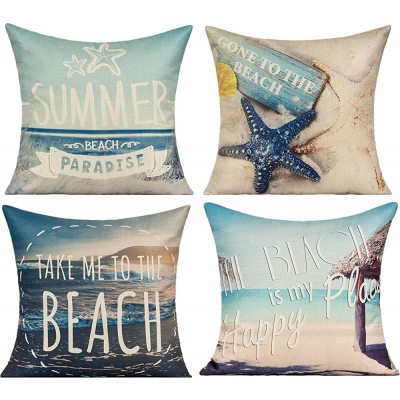 All Smiles Outdoor Summer Throw Pillow Covers for Patio Furniture Set 4 18x18 Sunbrella Ocean Themed Decorative Cushion Coastal Beach Starfish Accent Pillows for Daybed Couch Sofa - BJC4IILND