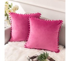 Ashler HOME DECO Throw Pillow Covers with Pom Poms Soft Particles Velvet Solid Cushion Covers 18 X 18 for Couch Bedroom Car Pack of 2 Pink - B2RH62RKA