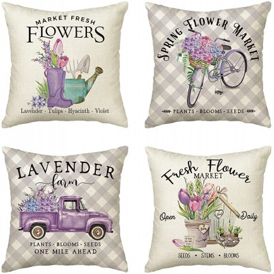 AVOIN colorlife Spring Lavender in Bicycle Truck Throw Pillow Covers 18 x 18 Inch Purple Flower Cushion Case Decoration for Sofa Couch Set of 4 - BVG3931F8