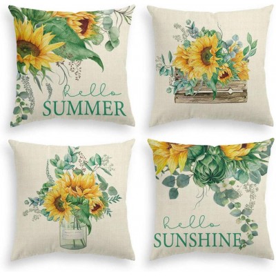 AVOIN Watercolor Sunflower Throw Pillow Cover 18 x 18 Inch Eucalyptus Leaves Summer Holiday Party Cushion Case for Sofa Couch Set of 4 - B9N13HLQI