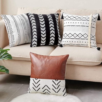 CDWERD Throw Pillow Covers 18x18 Inch Set of 4 Boho Modern Farmhouse Neutral Decorative Pillowcases Faux Leather and Linen Cushion Case for Couch Bed Home Decor - B1OGNP1E3