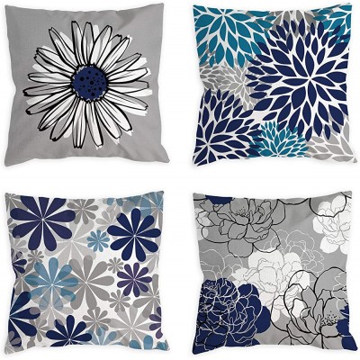 COLORPAPA Blue Pillow Covers 18x18 Set of 4 Grey Decorative Throw Pillow Cover for Couch Modern Daisy Pillows Case for Living Room Cushion Bed Outdoor Navy Blue and Gray Home Decor - BRNJSMZTC