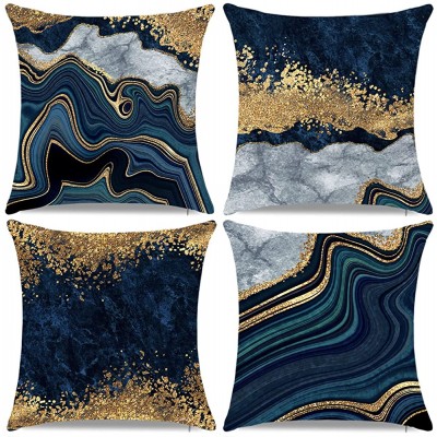 Decorative Pillow Covers Navy Blue and Gold Marble Throw Pillow Cover,18x18 Square Blue Cushion Cover Abstract Throw Pillows Case Sofa Living Room Couch Home Decor Pillowcase Set of 4 - B2F4Z0UTG