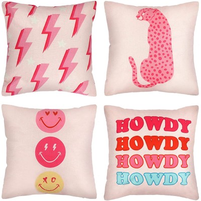 Decorative Preppy Throw Pillows Cushion Covers 4 Pcs Leopard Hot Pillowcover Smile Face Room Decor Thunder Preppy Stuff Room Decor Howdy Pillows Case for Home Decor 18 x 18 Inch Pink,Linen - BSCW732OZ