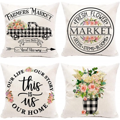 Hexagram Floral Farmhouse Pillow Covers 18x18 Set of 4 Buffalo Plaid Spring Pillow Covers,Farmhouse Truck with Flower Decorative Summer Throw Pillow Covers,Outdoor Home Decor - BN61YLI7D