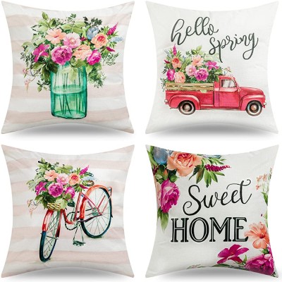 hogardeck Spring Pillow Covers 18×18 Set of 4 Buffalo Plaid Pink-Stripe Spring Decorations Hello Spring Truck Flowers Vase Bicycle Sweet Home Farmhouse Cushion Cases Home Decor - BU5K21VXI