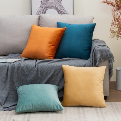 Junfawn Decorative Throw Pillow Covers 18x18 Set of 4 for Sofa and Couch Soft Square Velvet Cushion Covers Cases for Living Room Bed Decor Navy Orange - BEP3BUHI5
