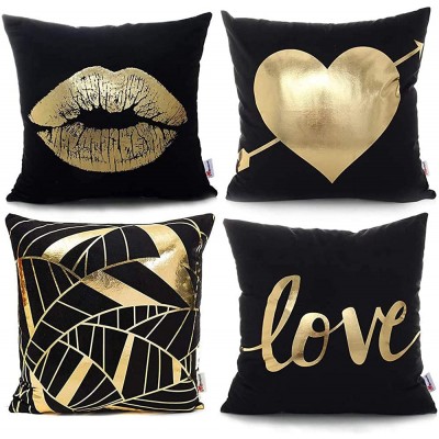 Monkeysell Pack of 4 Black and Gold Throw Pillow Lips Bronzing Flannelette Home Pillowcases Throw Pillow Cover Love Black Gold Lips Pattern Design Rock Punk Neoclassical Style 18 inches Black - BZXNQNPRJ