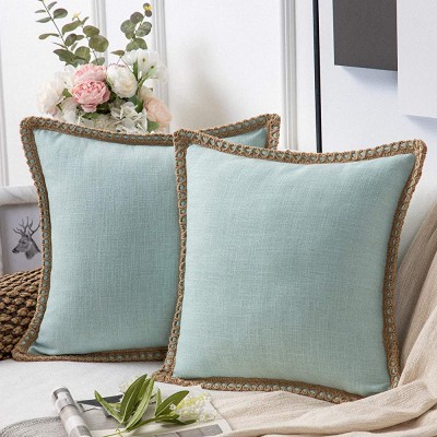 Phantoscope Pack of 2 Farmhouse Decorative Throw Pillow Covers Burlap Linen Trimmed Tailored Edges Light Turquoise 18 x 18 inches 45 x 45 cm - BQZ71BRDW