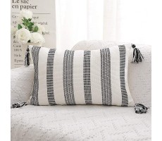 SEEKSEE Black and White Stripes Hand-Woven Rectangular Waist Throw Pillow Covers Stylish Modern Minimalist Design for Sofa Bedroom Living RoomLumbar 12 x 20 Inches,1PC - BZQ7Z23UW