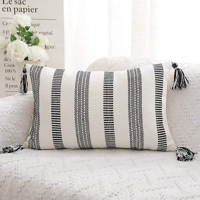 SEEKSEE Black and White Stripes Hand-Woven Rectangular Waist Throw Pillow Covers Stylish Modern Minimalist Design for Sofa Bedroom Living RoomLumbar 12 x 20 Inches,1PC - BZQ7Z23UW