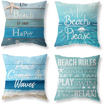 Set of 4 Summer Coastal Beach Throw Pillow Covers 18x18 Teal Green Turquoise Pillow Covers Couch Decorative Outdoor Square Linen Pillow Cushion Cases for Living Room Sofa Bed - BOU0WUSEP