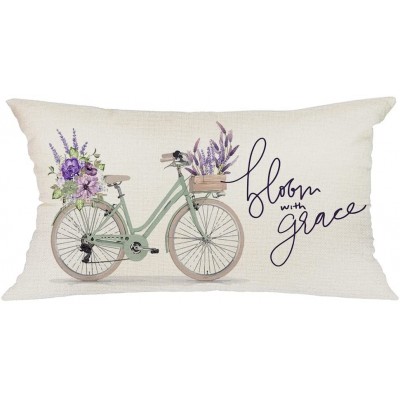 Spring Pillow Cover 12x20 inch Bicycle Lumbar Pillow Cover Lavender Floral Spring Pillows Decorative Throw Pillows Farmhouse Spring Decor for Home Spring Decorations Cushion Case A574-12 - B5LA37UQW