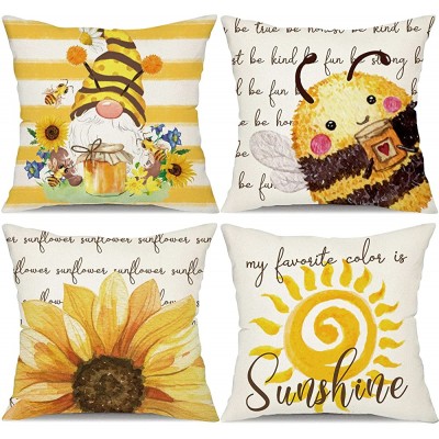 Spring Summer Honeybee Pillow Covers 18x18 Set of 4 Sunflower Gnome Hello Sunshine Bee Pillows Decorative Throw Pillows Summer Farmhouse Decor Yellow Pillows Case for Home - BXTU0VN03