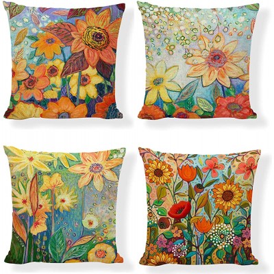 Summer Throw Pillow Covers 18x18 Inch,Set of 4 Farmhouse Dercoration,Yellow Painting Sunflower Cotton Linen Pillows Cases,Square Couch Sofa Cushion Covers for Living Bed Room,Outdoor Patio Home Decor - B6QWW682Y