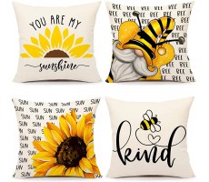 Sunflower Bee Summer Pillow Covers 18x18 Set of 4 Farmhouse Spring Decor Bloom Summer Floral Bee Kind Sunshine Holiday Decorations Throw Cushion Case for Home Decorations TH110 - B76NKS91L
