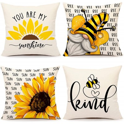 Sunflower Bee Summer Pillow Covers 18x18 Set of 4 Farmhouse Spring Decor Bloom Summer Floral Bee Kind Sunshine Holiday Decorations Throw Cushion Case for Home Decorations TH110 - B76NKS91L