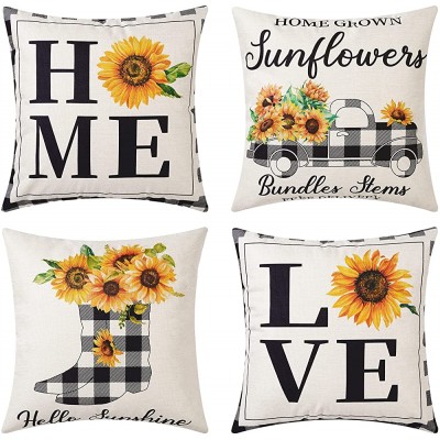 UINI Farmhouse Decoration Throw Pillow Cover Set of 4 Yellow Sunflower Pillow Covers 18x18 Inch Black and White Buffalo Pillowcase Summer Outdoor Cushion Covers for Bed Living Room Couch - B4THVGVD3