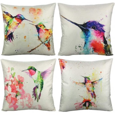 VAKADO Outdoor Spring Birds Throw Pillow Covers Patio Furniture Watercolor Hummingbirds Painting Floral Decorative Cushion Cases Home Décor for Couch Bed Sofa 18x18 Inch Set of 4 - BUZBT3GN9