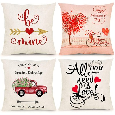 Valentines Day Pillow Covers 18x18 Inch Set of 4 Valentine DecorationsThrow Pillow Covers Red Heart Truck Bicycle Flowers Farmhouse Cushion Covers for Valentines Day Sofa Home Decor - B34QXP6HR