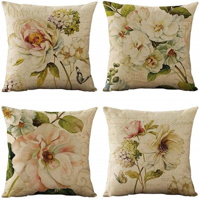 WOMHOPE Set of 4 Vintage Spring Flower Decorative Throw Pillow Covers Pillow Cases Cushion Cases Burlap Toss Throw Pillow Covers 18 x 18 Inch for Living Room,Couch and Bed Beige Flower - BBTM75P5G