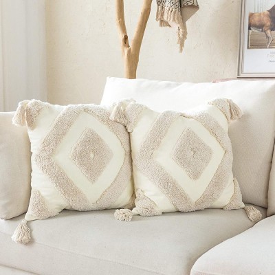 Woven Tufted Boho Throw Pillow Cover Set of 2 Modern Decorative Geometric Diamond Chevron Cushion with Tassels Farmhouse Tribal Pillowcase for Couch Sofa Bedroom Living Room 18 x 18 Inches Ivory - B7JE7I2C6
