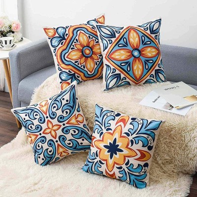 Wyooxoo Decorative Blue Pillow Covers 18x18 Outdoor Farmhouse Pillow Covers Cushion Cover Set of 4 Linen Square Throw Pillow Cases for Couch Sofa Car Living Room Patio Furniture - BDCBR2DA5