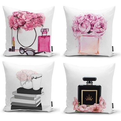 Ysahome Fashion Theme Throw Pillow Cover Perfume Flower Shape Square Cushion Cover French Style Throw Pillow Case Elegant Decorative Accent Pillow 18x18 Inches Pink Set of 4 - B7CNLVA6K