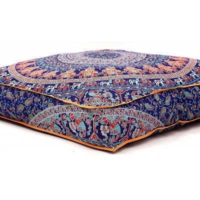 Krati Exports Indian Floor Pillow Cushion Covers in Mandala Design Blue Multi - BKBXZE2HT
