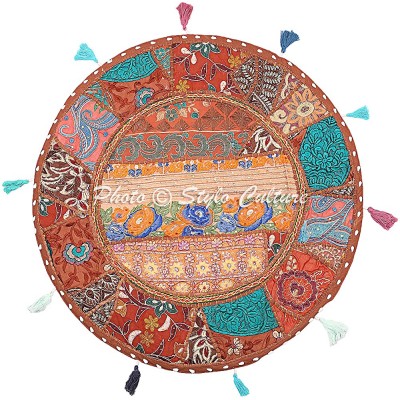 Stylo Culture Ethnic Boho Floor Pillow Vintage Patchwork Round Couch Cushion Cover Brown Big Floor Pillows 22x22 Decorative Decor Seating Tuffet Seat Pouf Cover Footstool Cotton Embroidered 1 Pc - BL19DMTA8