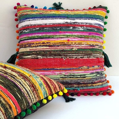 Traditional Jaipur Hand Woven Chindi Cushion Cover Handmade Cotton Fabric Braided Bohemian Decorative Floor Pillows Multi Color Patio Pillow Shams 16"x16" - BM9SSOSPP