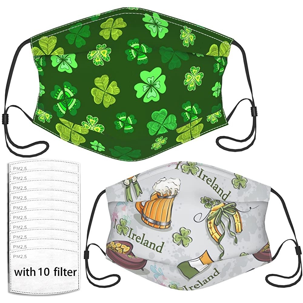 2 Pack Cartoon Outlined Green Clover Leaf Decorative Adults & Kids Cloth Face Masks Reusable Washable Breathable Mouth Cover - B4IJA3KK3