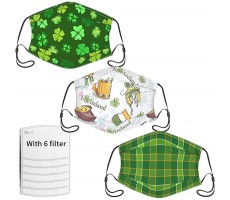 3 Pack Cartoon Outlined Green Clover Leaf Decorative Adults Cloth Face Masks Washable Adjustable Reusable Face Cover with 6 Filter - BM6NF6N1Y