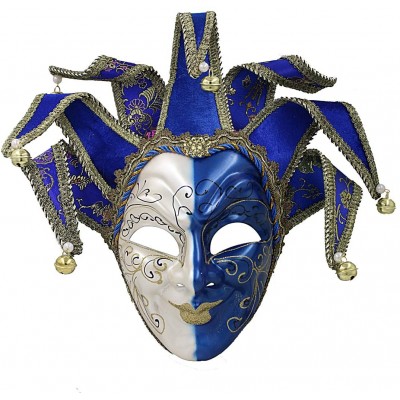 Full Face Venetian Jester Mask Masquerade Blue White Bell Joker Wall Decorative Art Collection Men - BRWVOEXL2