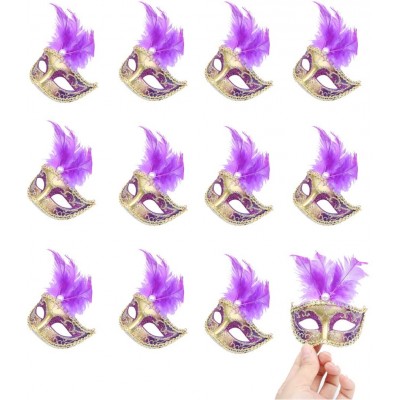 Hophen 24 Pieces Decorative Mini Masquerade Mask Party Decorations Luxury Feather Mardi Gras Venetian Mask Party Favors Purple - B468T6HLF