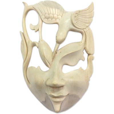 NOVICA Decorative Animal Themed Hibiscus Wood Mask Beige Lotus and Hummingbird' - BKMO1QHCA