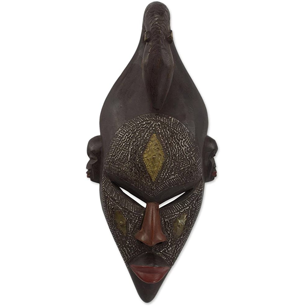 NOVICA Decorative Ghanaian Aluminum and Sese Wood Mask Brown Young Strength' - B5WZ9814T