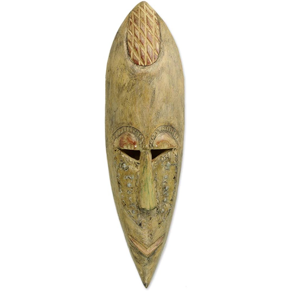 NOVICA Decorative Ghanaian Large Sese Wood and Brass Mask Brown Akwapim King' - BBHT67FNS