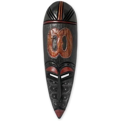 NOVICA Decorative Ghanaian Large Wood Mask Red and Black 'God is in The Heavens' - BPYP2QC64