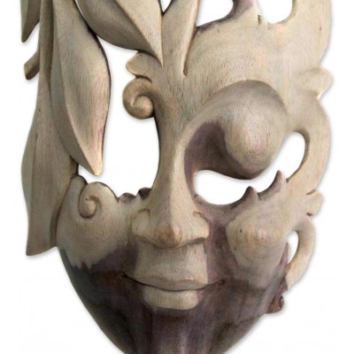 NOVICA Decorative Leaf and Tree Hibiscus Wood Mask Beige 'Innocent Girl' - BAHOUKRMA
