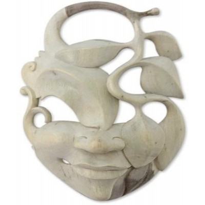 NOVICA Decorative Leaf and Tree Hibiscus Wood Mask Beige 'Surreal Beauty' - BK3PA7D2Y