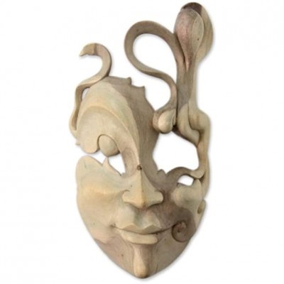 NOVICA Decorative Modern Hibiscus Wood Mask Beige Enigma' - BS498JTI9