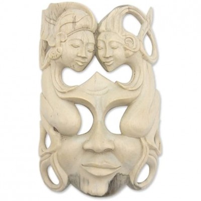 NOVICA Decorative Modern Hibiscus Wood Mask Beige Soulmates' - BZX74OFYR