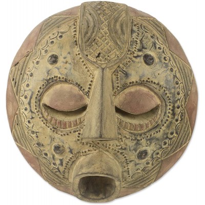 NOVICA Decorative Sese Wood and Aluminum Mask Beige 'Abundance' - B4LIBJ9KZ