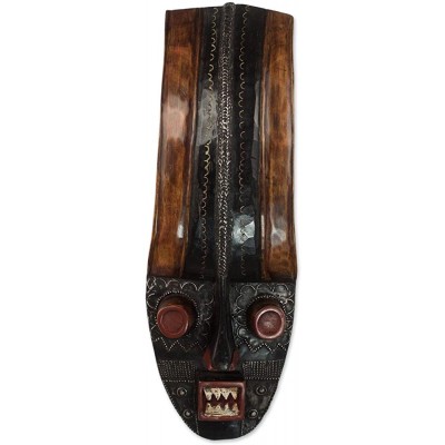 NOVICA Ghanaian Decorative Aluminum Wood Mask Black and Brown 'Powerful Warrior' - BQ1PWX9KM