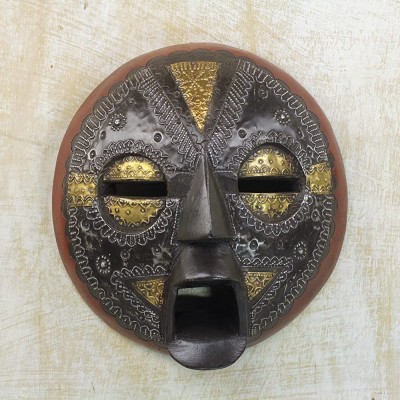 NOVICA Handcrafted Ghanaian Wood Wall Mask with Aluminum and Brass Accents Beautiful Soul' - BL4MV56UC