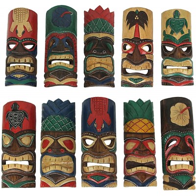 Zeckos Set of 10 Hand-Carved Tropical Island Style Tiki Masks Decorative Wall Hangings 12 Inches High - B4VCAONT9