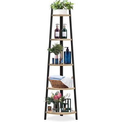 SpringSun 5-Tier Corner Ladder Wood Shelf Display Rack Multipurpose Bookshelf and Plant Stand for Living Room and Office - BO6XO0JRZ